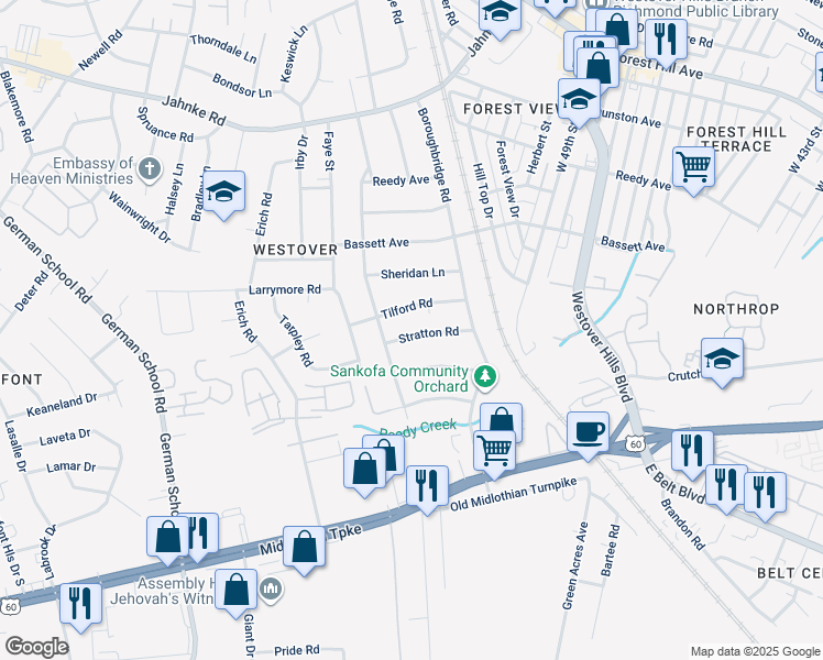 map of restaurants, bars, coffee shops, grocery stores, and more near 5248 Stratton Road in Richmond