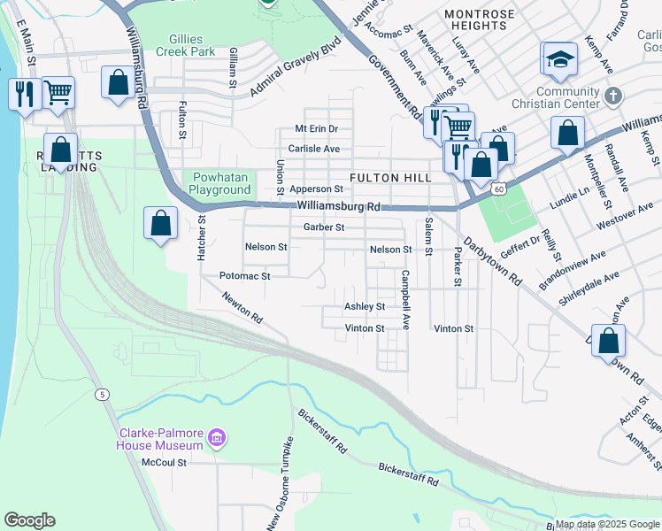 map of restaurants, bars, coffee shops, grocery stores, and more near 1263 Nelson Street in Richmond