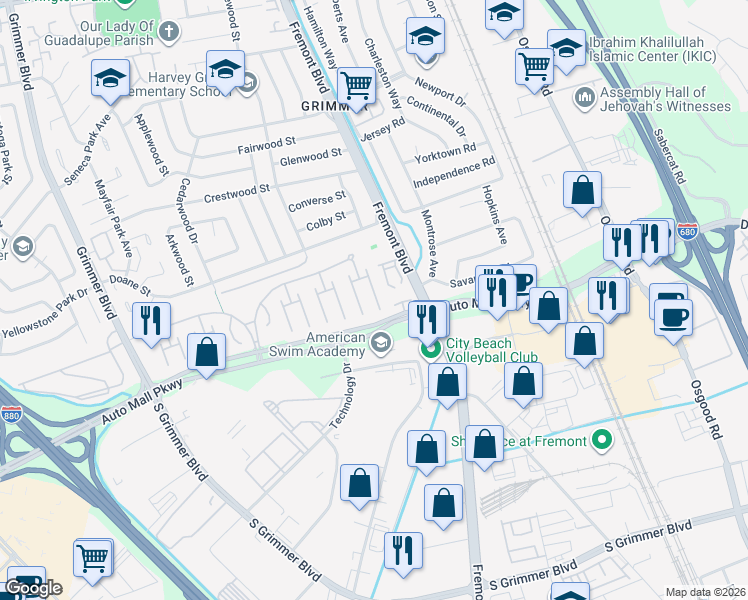 map of restaurants, bars, coffee shops, grocery stores, and more near 307 Winnipeg Green in Fremont