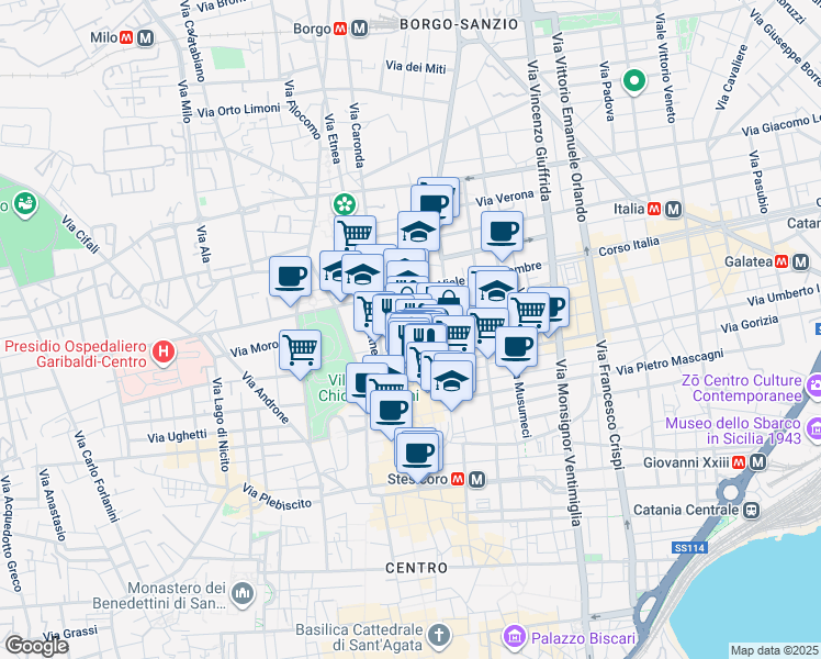 map of restaurants, bars, coffee shops, grocery stores, and more near 57 Via De Felice Giuseppe in Catania