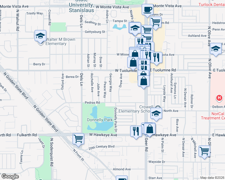 map of restaurants, bars, coffee shops, grocery stores, and more near 2100 Georgia Way in Turlock