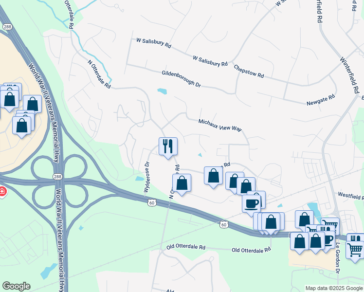 map of restaurants, bars, coffee shops, grocery stores, and more near 206 Michaux Crossing Lane in Midlothian
