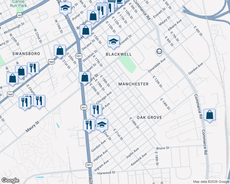 map of restaurants, bars, coffee shops, grocery stores, and more near 1801 Dinwiddie Avenue in Richmond