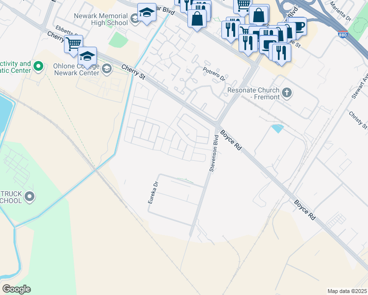 map of restaurants, bars, coffee shops, grocery stores, and more near 6745 Guitarfish Way in Newark