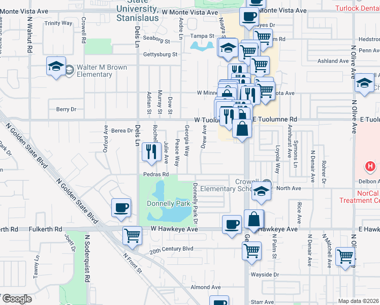map of restaurants, bars, coffee shops, grocery stores, and more near 2100 Georgia Way in Turlock