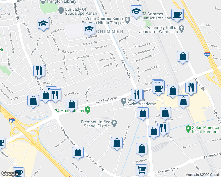 map of restaurants, bars, coffee shops, grocery stores, and more near 237 Manitoba Green in Fremont