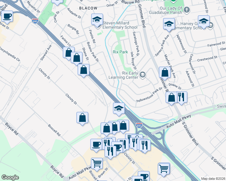 map of restaurants, bars, coffee shops, grocery stores, and more near 42979 Everglades Park Drive in Fremont