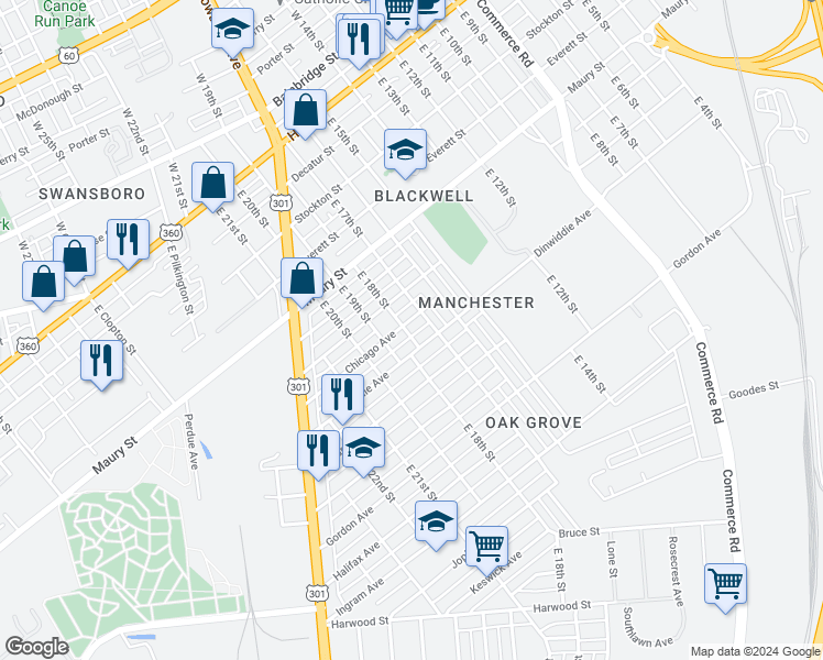 map of restaurants, bars, coffee shops, grocery stores, and more near 1801 Dinwiddie Avenue in Richmond