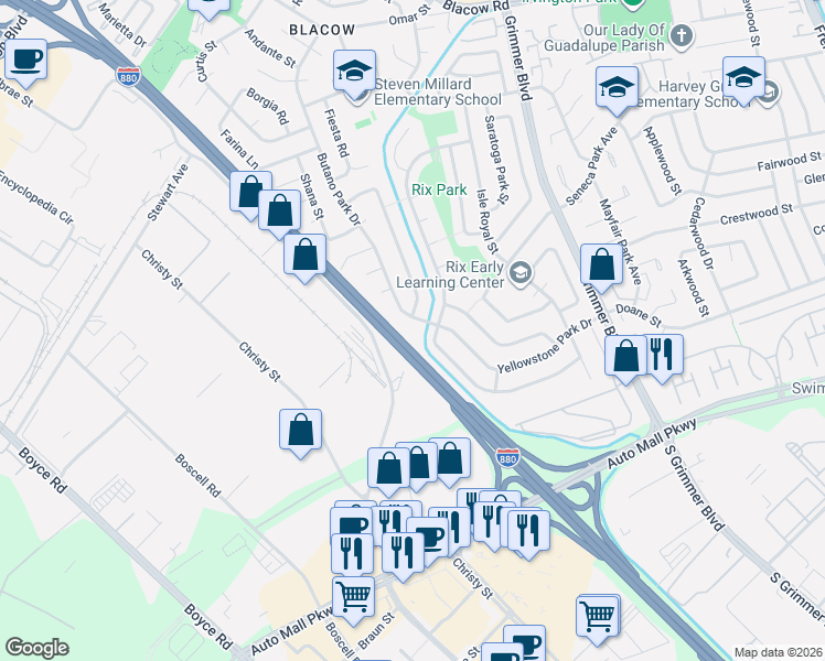 map of restaurants, bars, coffee shops, grocery stores, and more near 42979 Everglades Park Drive in Fremont