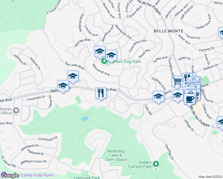 map of restaurants, bars, coffee shops, grocery stores, and more near 30 Arroyo View Circle in Belmont