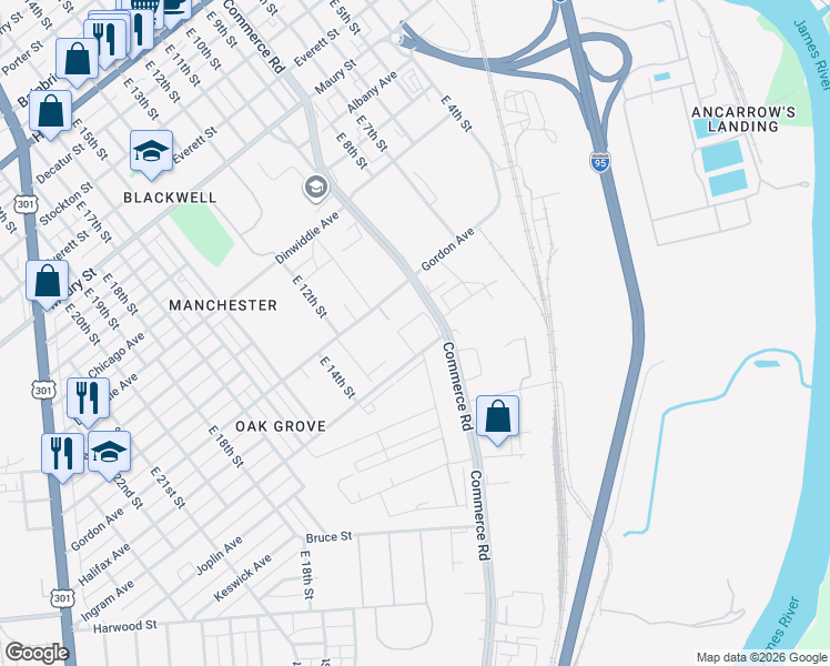 map of restaurants, bars, coffee shops, grocery stores, and more near 1125 Commerce Road in Richmond