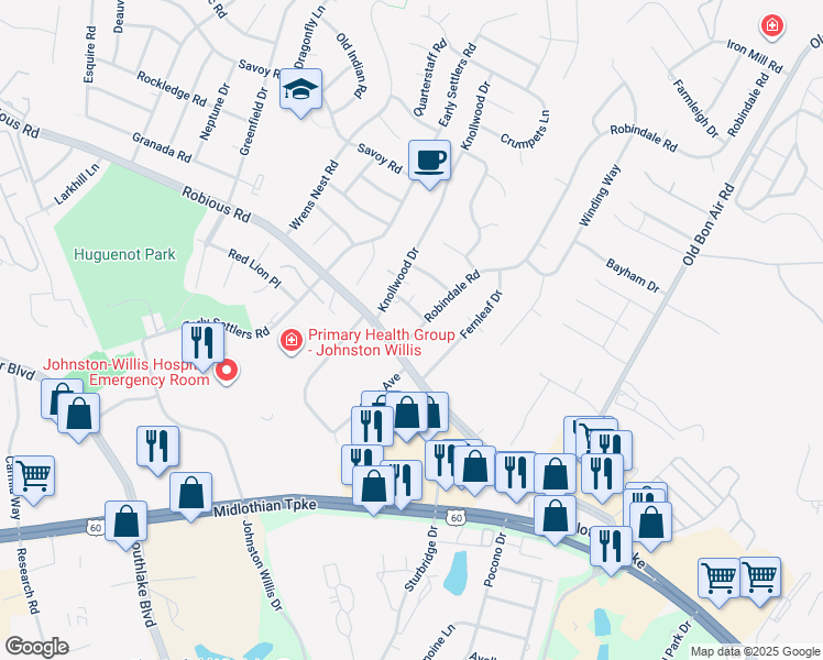 map of restaurants, bars, coffee shops, grocery stores, and more near 1318 Robindale Road in Richmond