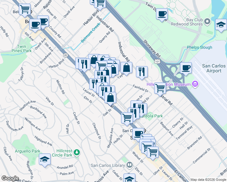map of restaurants, bars, coffee shops, grocery stores, and more near 251 El Camino Real in San Carlos