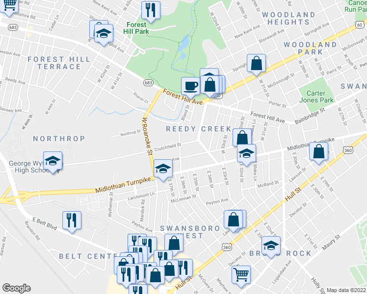 map of restaurants, bars, coffee shops, grocery stores, and more near 3518 Crutchfield Street in Richmond