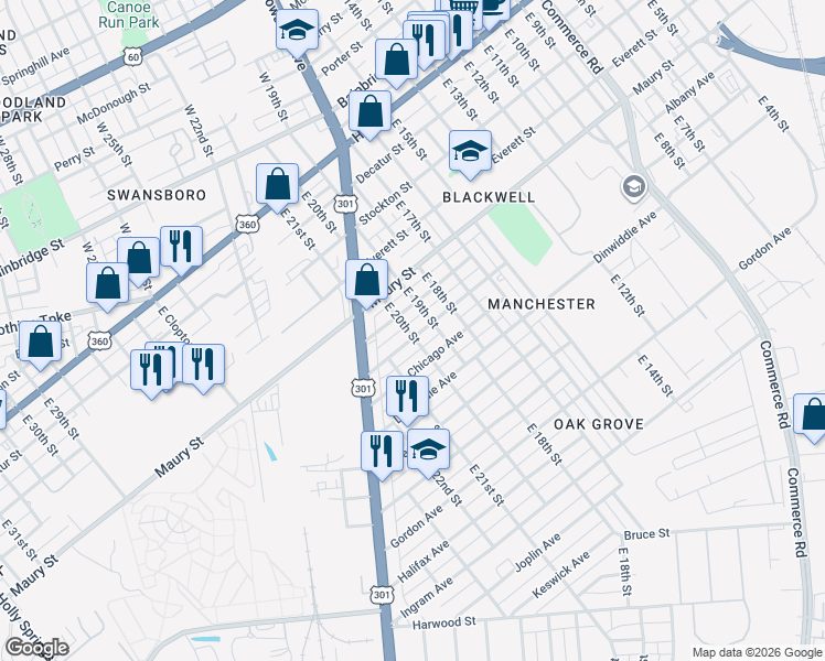 map of restaurants, bars, coffee shops, grocery stores, and more near 1917 Boston Avenue in Richmond