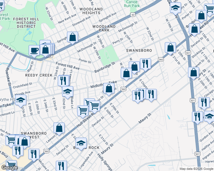 map of restaurants, bars, coffee shops, grocery stores, and more near 2817 Burfoot Street in Richmond