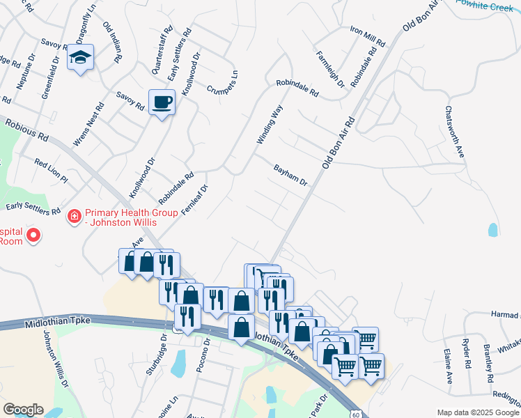map of restaurants, bars, coffee shops, grocery stores, and more near 10118 Bon Air Crest Drive in Richmond