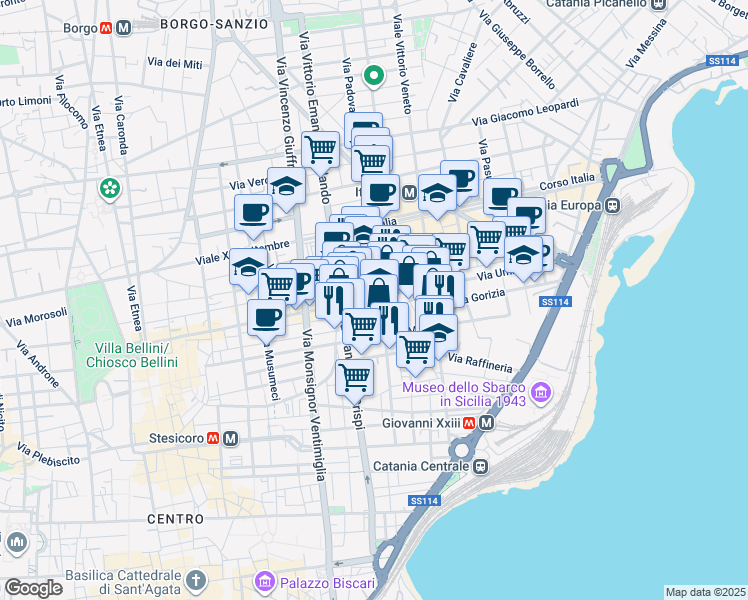 map of restaurants, bars, coffee shops, grocery stores, and more near 168 Via Camillo Finocchiaro Aprile in Catania