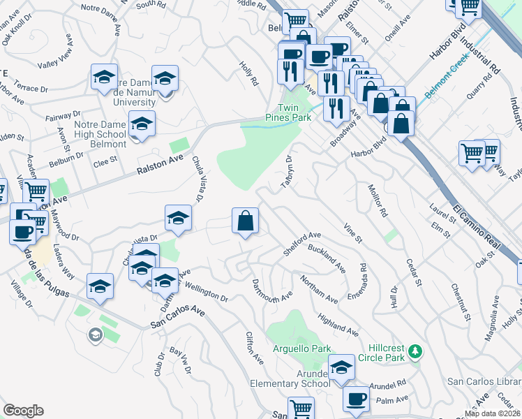 map of restaurants, bars, coffee shops, grocery stores, and more near 224 Lyndhurst Avenue in Belmont