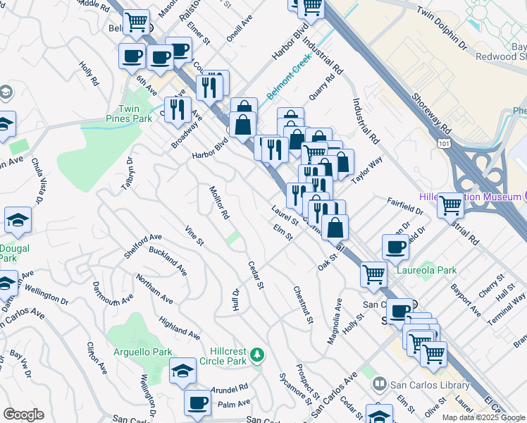 map of restaurants, bars, coffee shops, grocery stores, and more near 1 Laurel Street in San Carlos