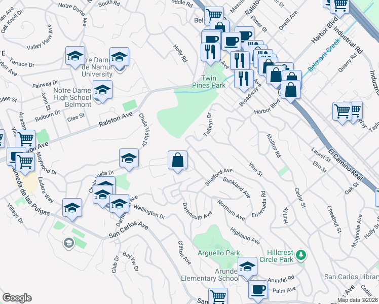 map of restaurants, bars, coffee shops, grocery stores, and more near 224 Lyndhurst Avenue in Belmont