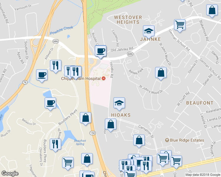 map of restaurants, bars, coffee shops, grocery stores, and more near 956 Hioaks Road in Richmond