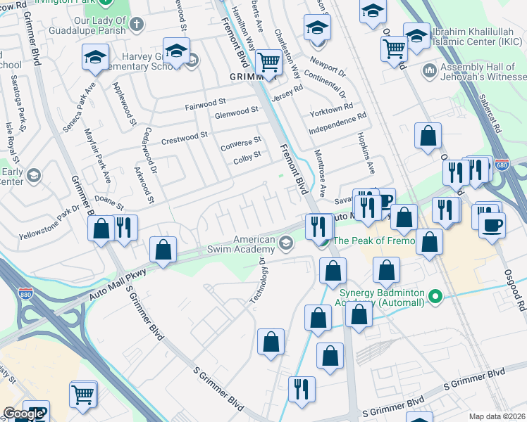 map of restaurants, bars, coffee shops, grocery stores, and more near 205 Manitoba Terrace in Fremont