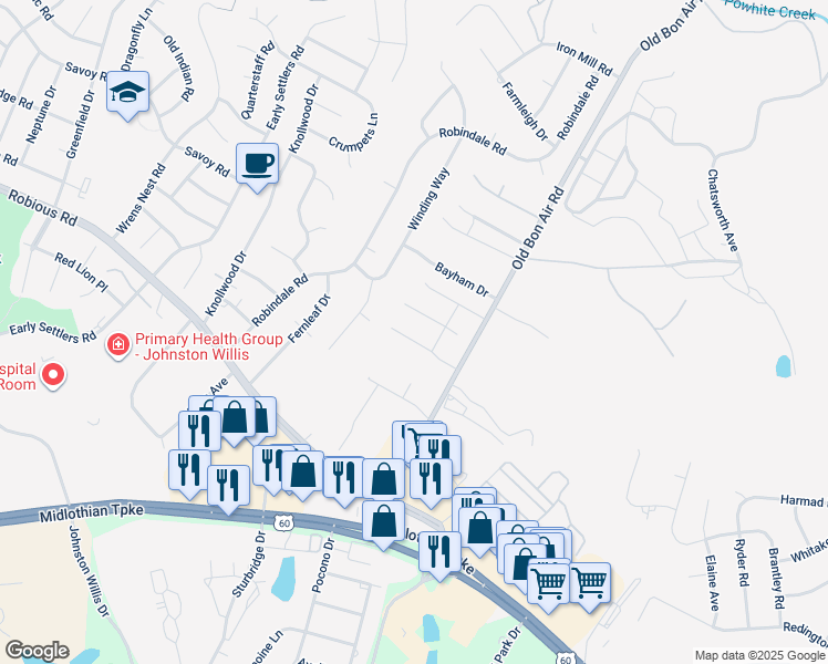 map of restaurants, bars, coffee shops, grocery stores, and more near 10118 Bon Air Crest Drive in Richmond