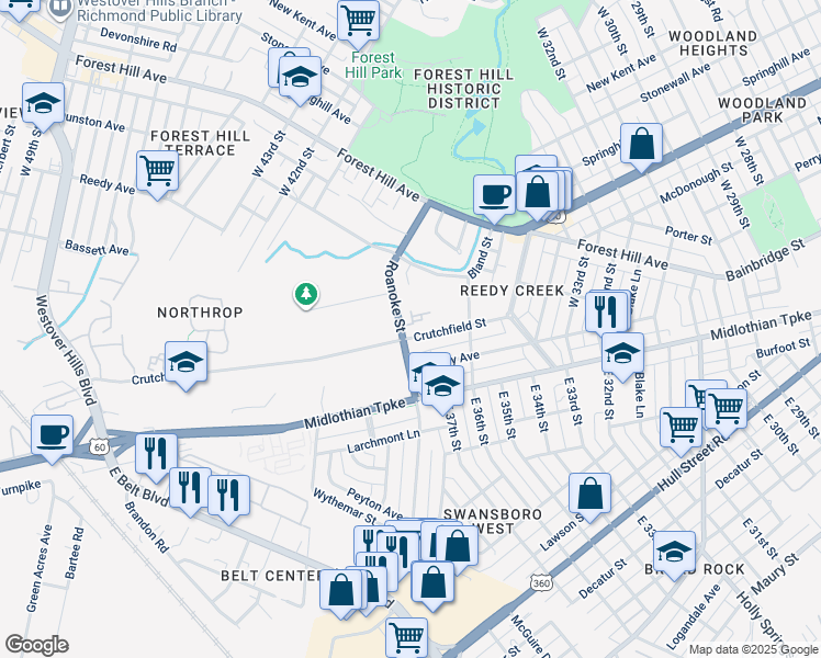 map of restaurants, bars, coffee shops, grocery stores, and more near 203 West Roanoke Street in Richmond