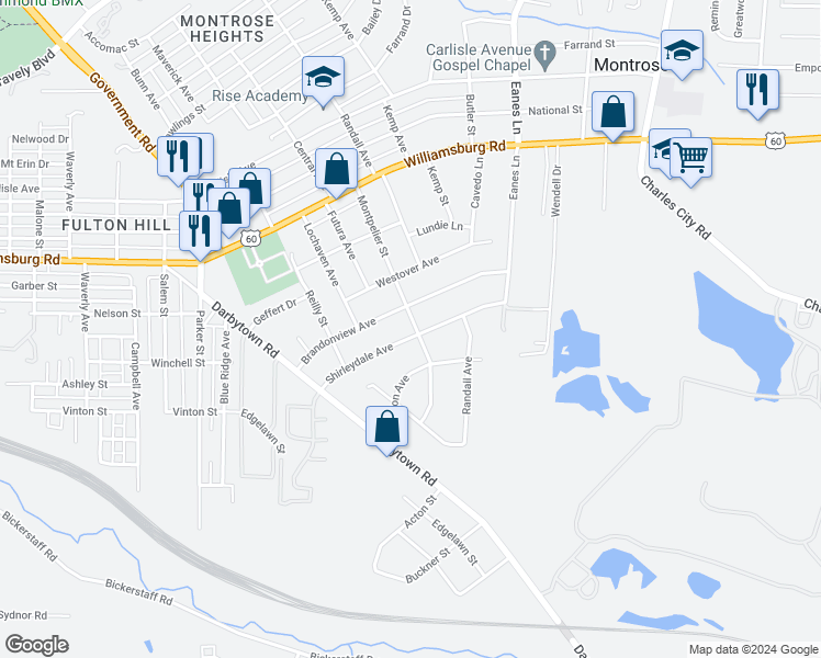 map of restaurants, bars, coffee shops, grocery stores, and more near 2012 Shirleydale Avenue in Richmond