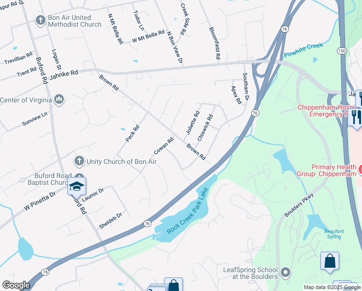 map of restaurants, bars, coffee shops, grocery stores, and more near 7931 Brown Road in Richmond