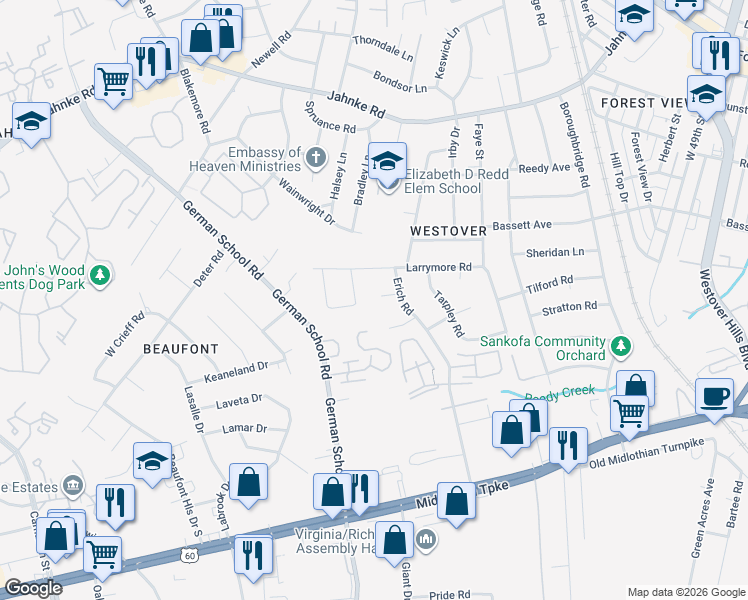 map of restaurants, bars, coffee shops, grocery stores, and more near 5625 Erich Court in Richmond