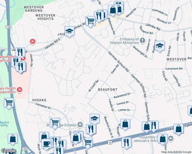 map of restaurants, bars, coffee shops, grocery stores, and more near 712 Edgemont Drive in Richmond