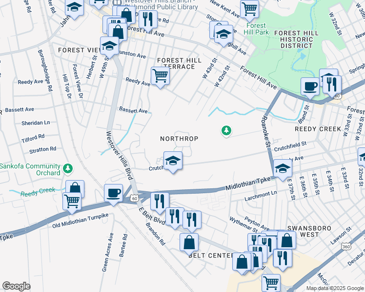 map of restaurants, bars, coffee shops, grocery stores, and more near 383 Norcroft Circle in Richmond