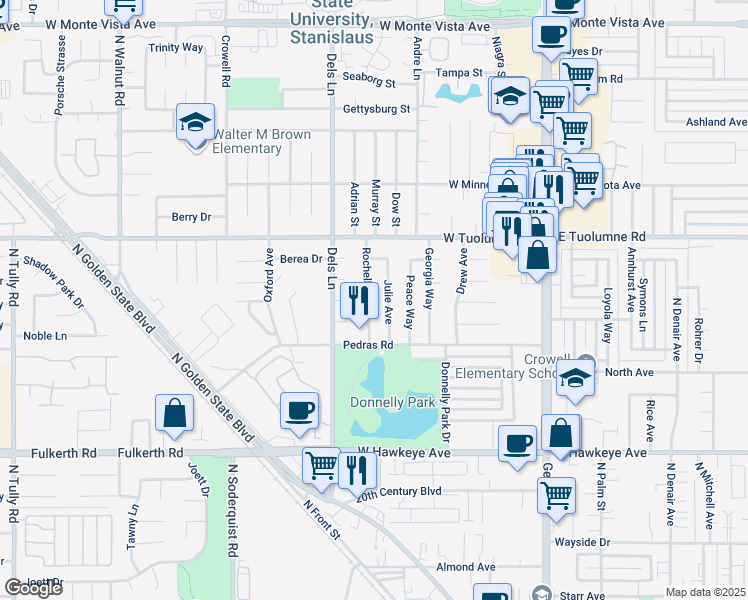 map of restaurants, bars, coffee shops, grocery stores, and more near 2101 Rochelle Avenue in Turlock