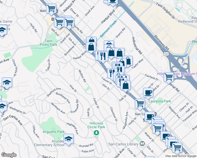 map of restaurants, bars, coffee shops, grocery stores, and more near 18 Elm Street in San Carlos