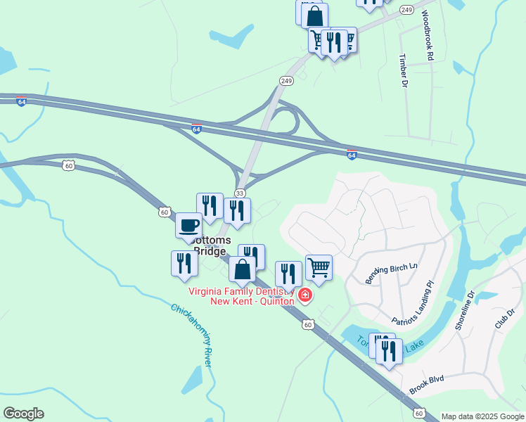 map of restaurants, bars, coffee shops, grocery stores, and more near 7551 Cumberland Station Road in Quinton