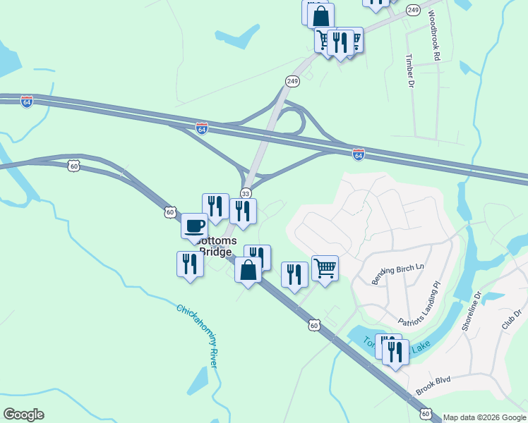 map of restaurants, bars, coffee shops, grocery stores, and more near 7551 Cumberland Station Road in Quinton
