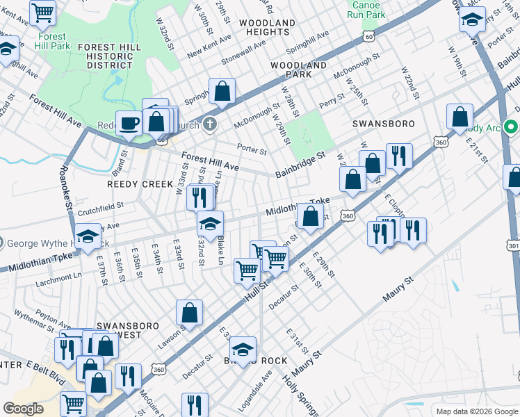 map of restaurants, bars, coffee shops, grocery stores, and more near 3008 Midlothian Turnpike in Richmond
