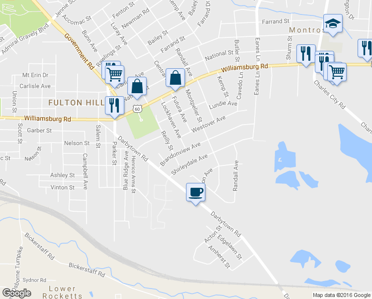 map of restaurants, bars, coffee shops, grocery stores, and more near 1901 Brandonview Avenue in Henrico