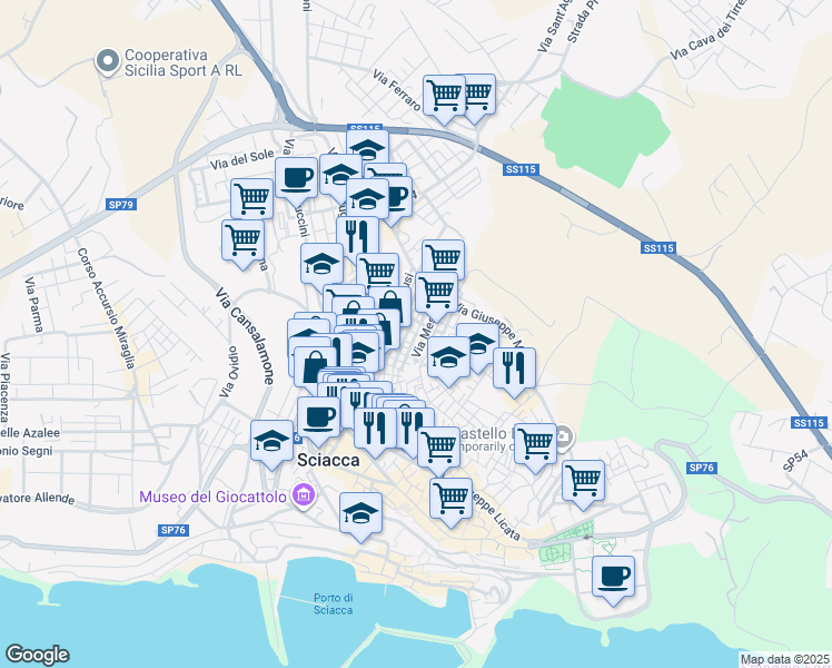 map of restaurants, bars, coffee shops, grocery stores, and more near 14A Via Asmara in Sciacca