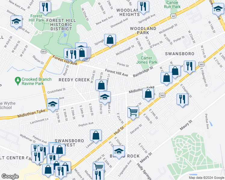 map of restaurants, bars, coffee shops, grocery stores, and more near 4 West 31st Street in Richmond