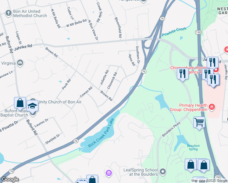 map of restaurants, bars, coffee shops, grocery stores, and more near 1003 Chiswick Road in Richmond