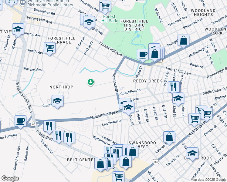 map of restaurants, bars, coffee shops, grocery stores, and more near 204 West Roanoke Street in Richmond