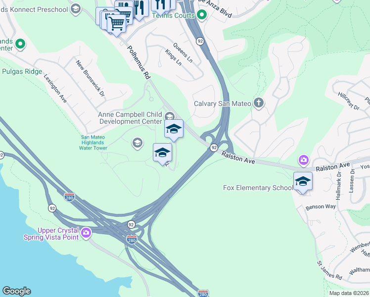 map of restaurants, bars, coffee shops, grocery stores, and more near 40 Tower Road in San Mateo