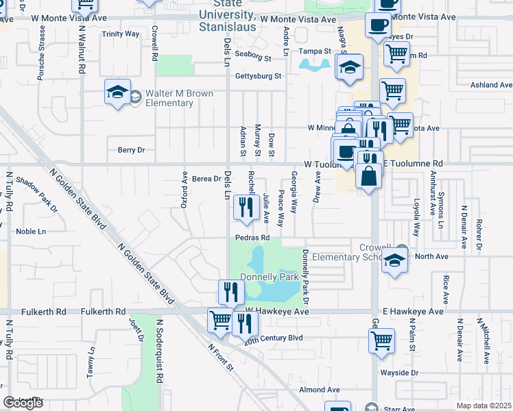 map of restaurants, bars, coffee shops, grocery stores, and more near 2101 Rochelle Avenue in Turlock