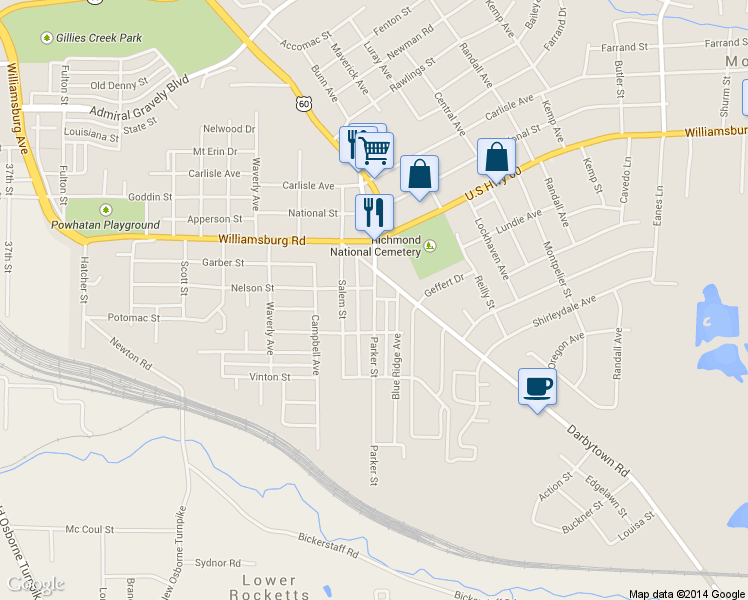 map of restaurants, bars, coffee shops, grocery stores, and more near 5204 Parker Street in Richmond