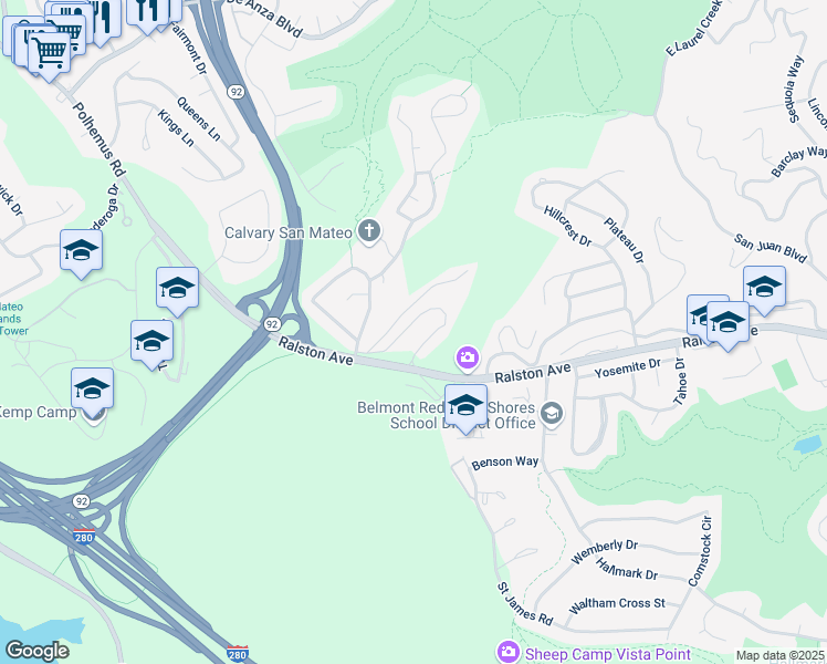 map of restaurants, bars, coffee shops, grocery stores, and more near 80 Ralston Ranch Road in Belmont