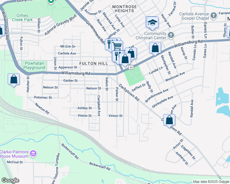 map of restaurants, bars, coffee shops, grocery stores, and more near 5204 Parker Street in Richmond