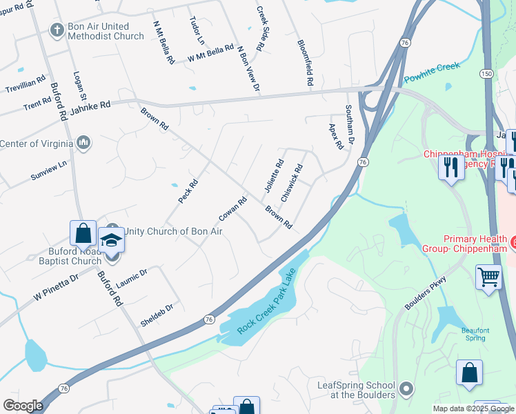map of restaurants, bars, coffee shops, grocery stores, and more near 7931 Brown Road in Richmond